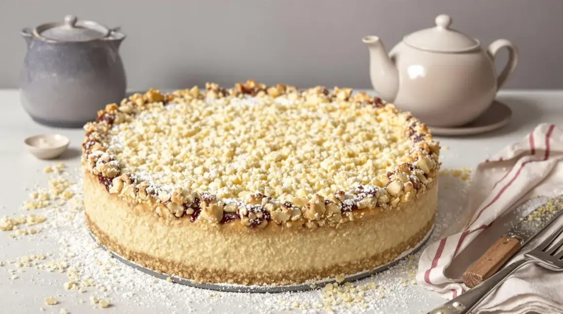 Käsekuchen mit Streuseln und Nüssen, inspiriert von Landfrauen Kuchen Rezepten. Puderzucker bestäubt die Krümel und den Rand.