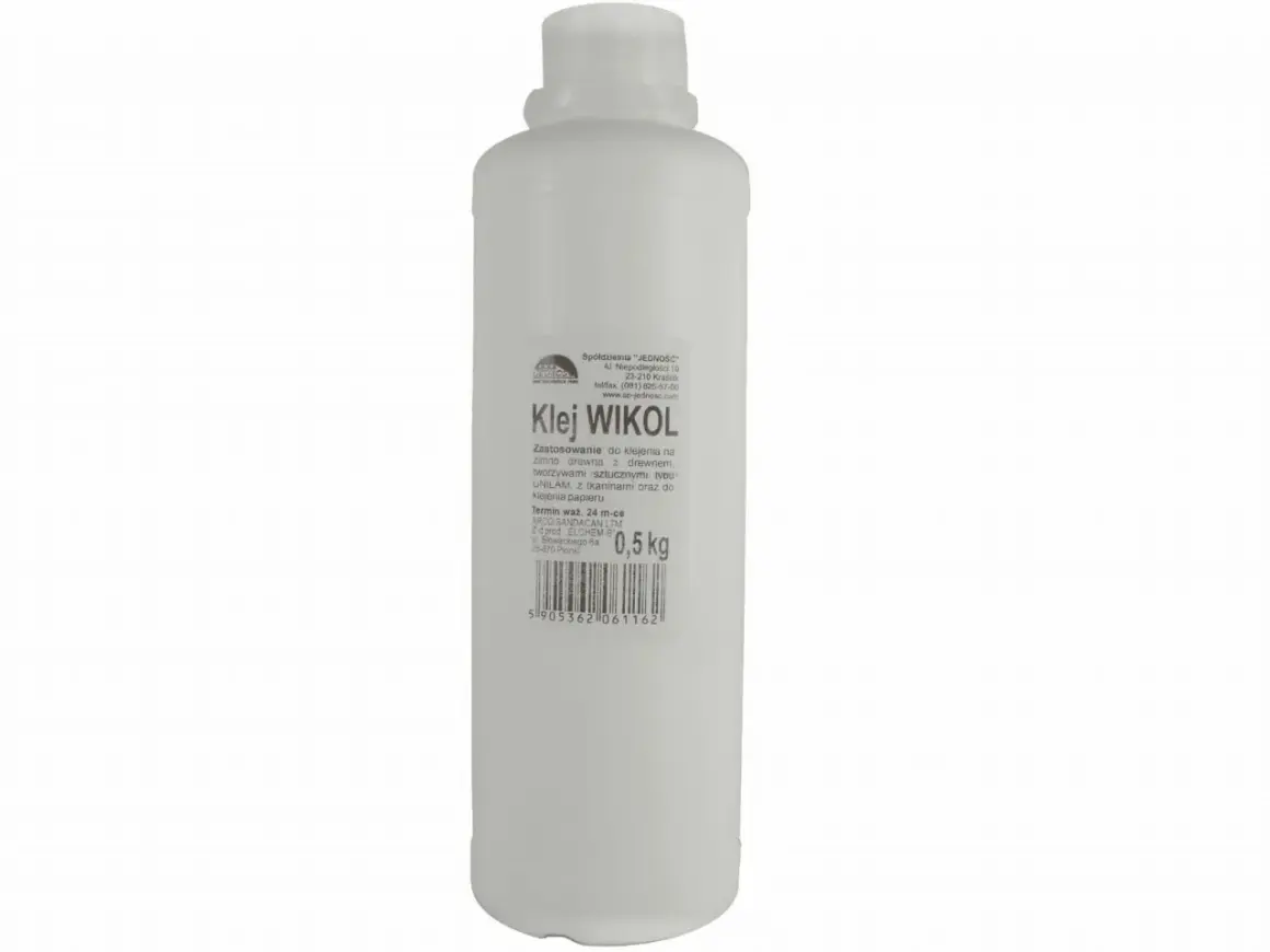 Biała butelka kleju Wikol z etykietą zawierającą informacje o produkcie i wadze 0,5 kg.
