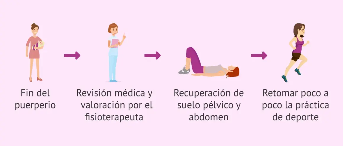 Secuencia de ejercicios postparto: fin del puerperio, revisión médica, recuperación de suelo pélvico y abdomen, y retomar poco a poco el deporte.