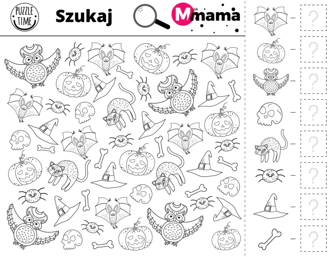 Zabawne zagadki na Halloween: znajdź nietoperze, dynie, sowy, pająki, koty, czapki czarownic i kości.