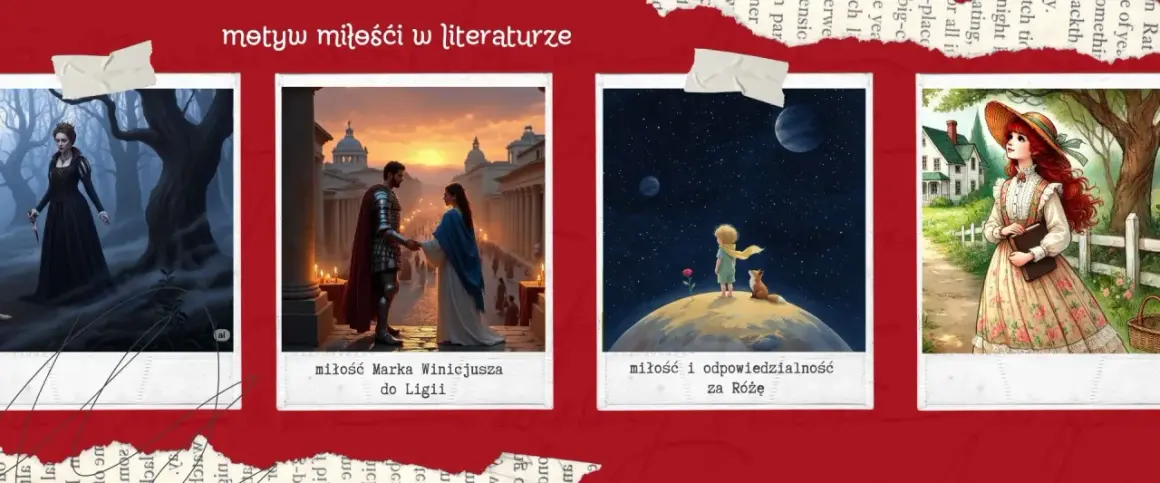 Motywy miłości w sztuce: mroczna królowa, rycerz i dama, Mały Książę z Różą, dziewczyna z książką.