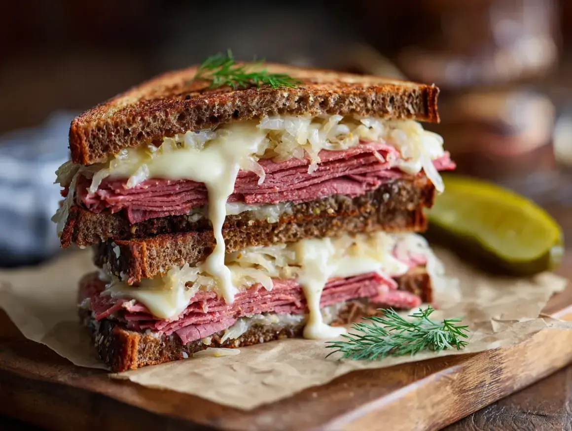 En saftig reuben sandwich med smält ost, krispig surkål och dill. En klassiker som smakar himmelskt.