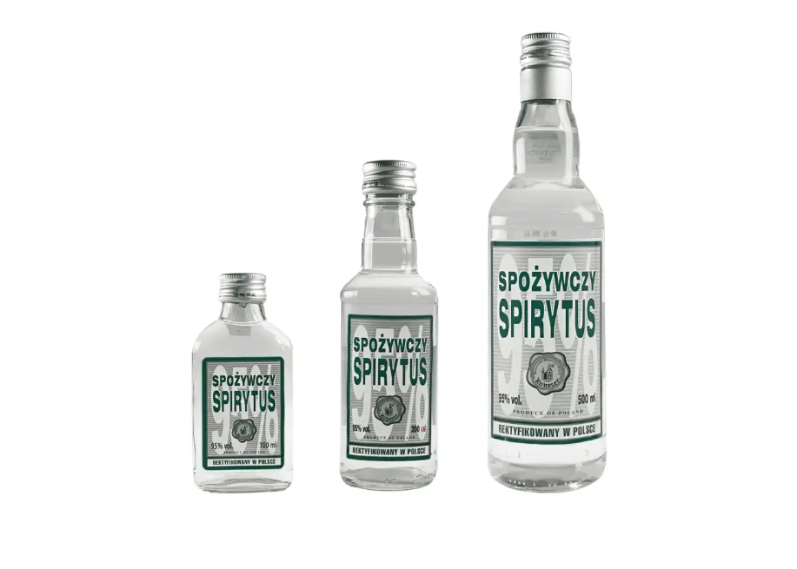 Trzy butelki "Spożywczy Spirytus" o różnej pojemności, najlepsza wódka ze spirytusu, produkt polski.