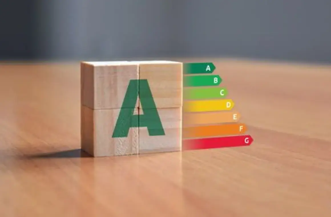 Blocs en bois formant la lettre A, symbolisant un excellent DPE. Une échelle de performance énergétique s'étend à côté.