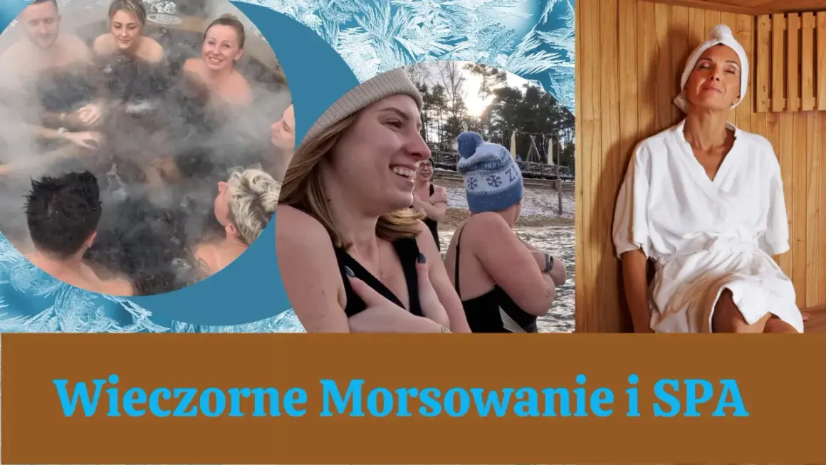 Grupa ludzi cieszy się gorącą kąpielą i sauną, a potem morsowanie na mrozie.
