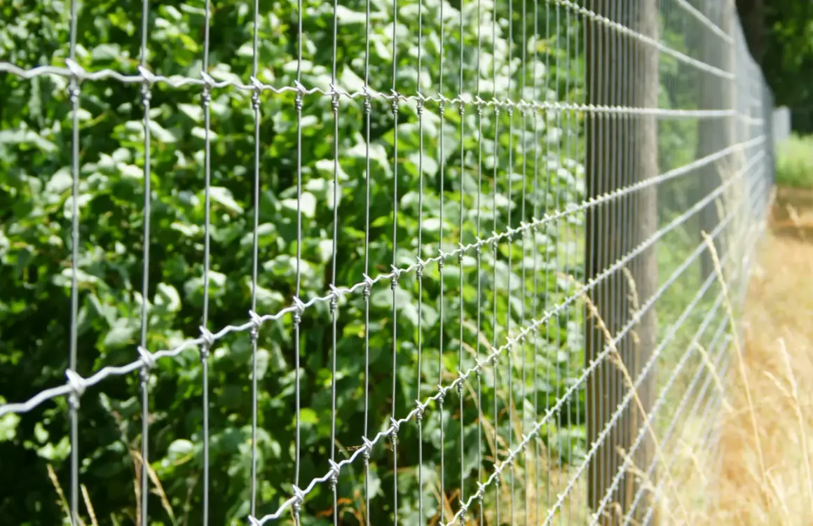 Metalowe ogrodzenie leśne z drutu kolczastego, oddzielające gęsty zielony las od suchej trawy.