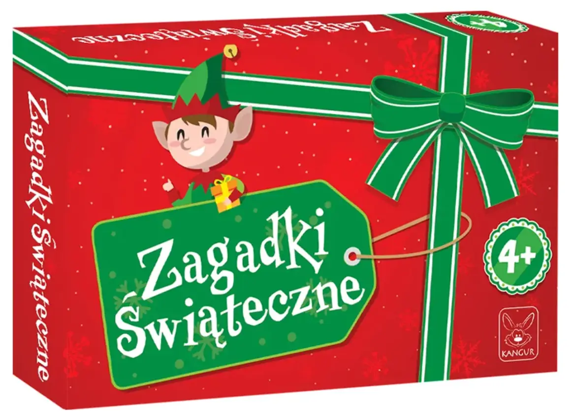 Pudełko z napisem "Zagadki świąteczne" i wesołym elfem. Idealne zagadki świąteczne dla dorosłych, od 4 lat.