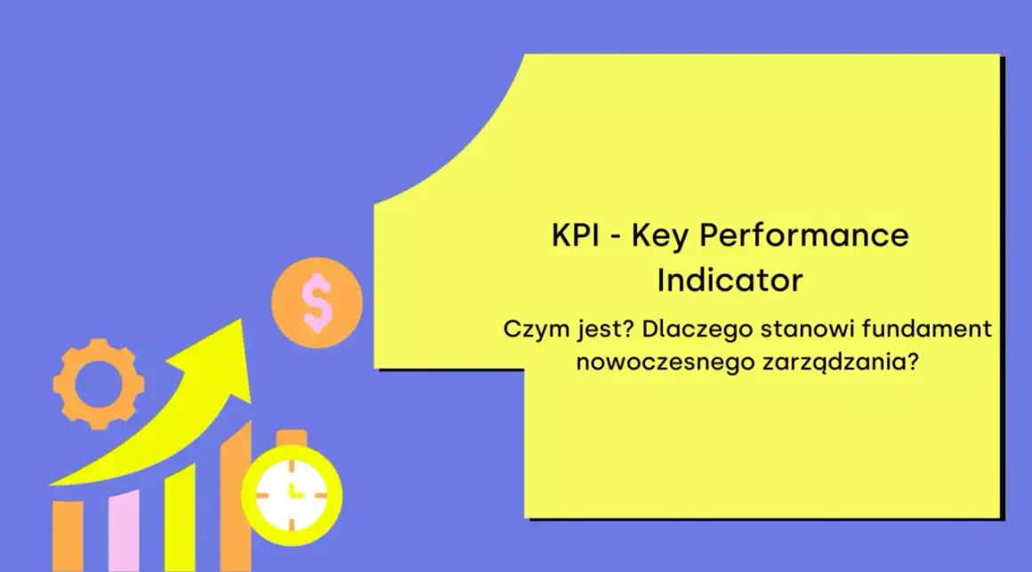 Kluczowe wskaźniki efektywności (KPI) w logistyce: wykres wzrostu, dolar, zegar i koło zębate.