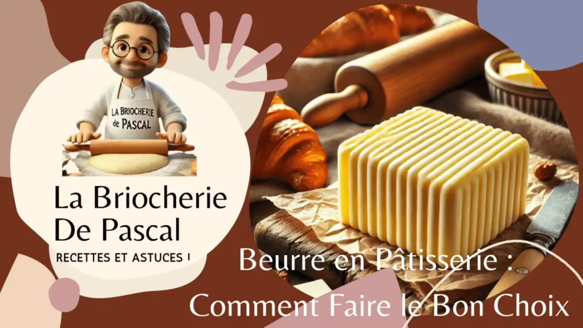Un chef pâtissier prépare une brioche. À côté, un beau bloc de beurre francais, des croissants et un rouleau à pâtisserie.