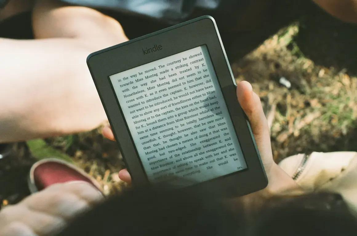 Une personne lit un livre sur une liseuse, profitant du soleil. L'encre numérique offre une lecture confortable en extérieur.
