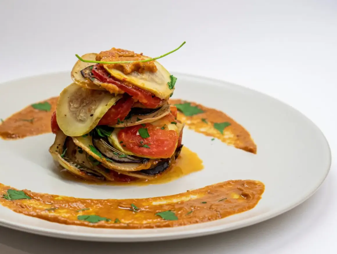 Ein gestapeltes Ratatouille-Rezept auf einem Teller, garniert mit Sauce und Kräutern.