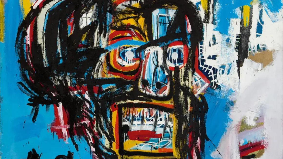 A vibrant, abstract painting featuring a bold, expressive **Basquiat skull** with striking black outlines, vivid colors, and a raw, energetic style.