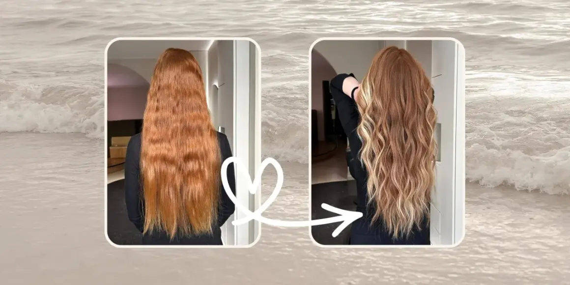 Avant/après : des cheveux roux transformés avec des mèches effet soleil, apportant lumière et mouvement.
