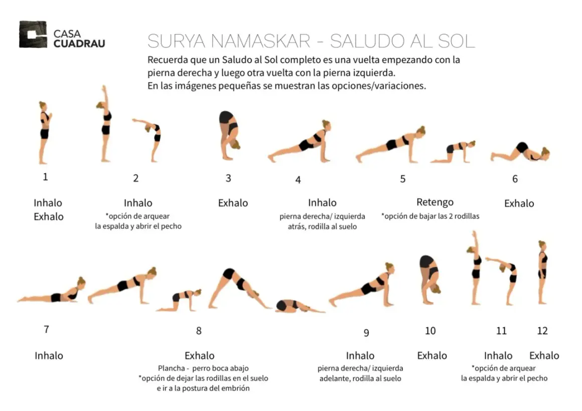 Secuencia de posturas de yoga para el saludo al sol en sánscrito (Surya Namaskar).