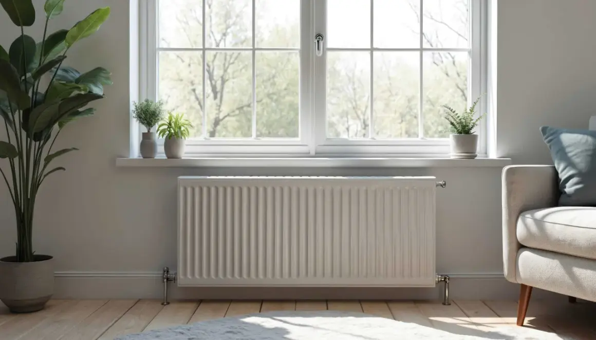Un radiateur blanc sous une fenêtre ensoleillée, avec des plantes vertes. Faut-il changer les radiateurs avec une pompe à chaleur pour un chauffage plus écologique ?