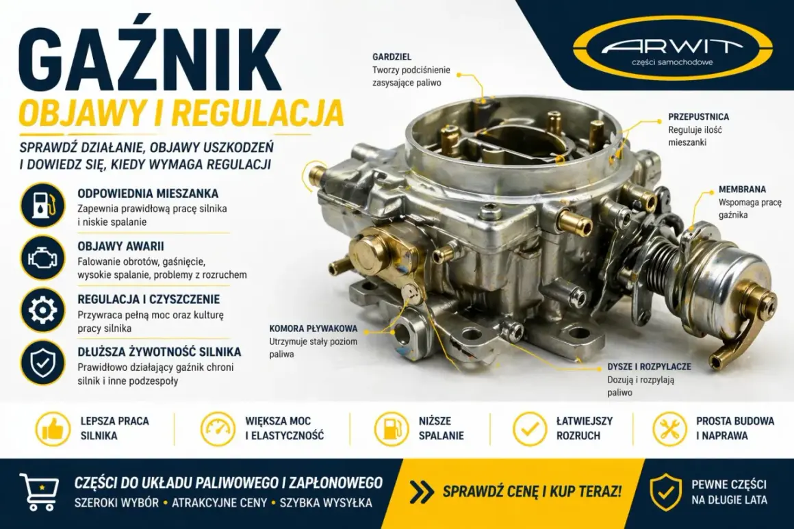 Element gaźnika w aucie – szczegółowy widok z opisem funkcji: gardziel, przepustnica, membrana, dysze. Poprawny element gaźnika to klucz do sprawnej pracy silnika.