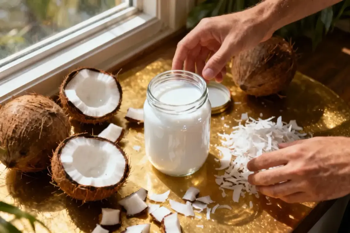Découvrez comment est fait le lait de coco : des noix de coco fraîches, râpées et pressées pour obtenir ce liquide crémeux dans un bocal.