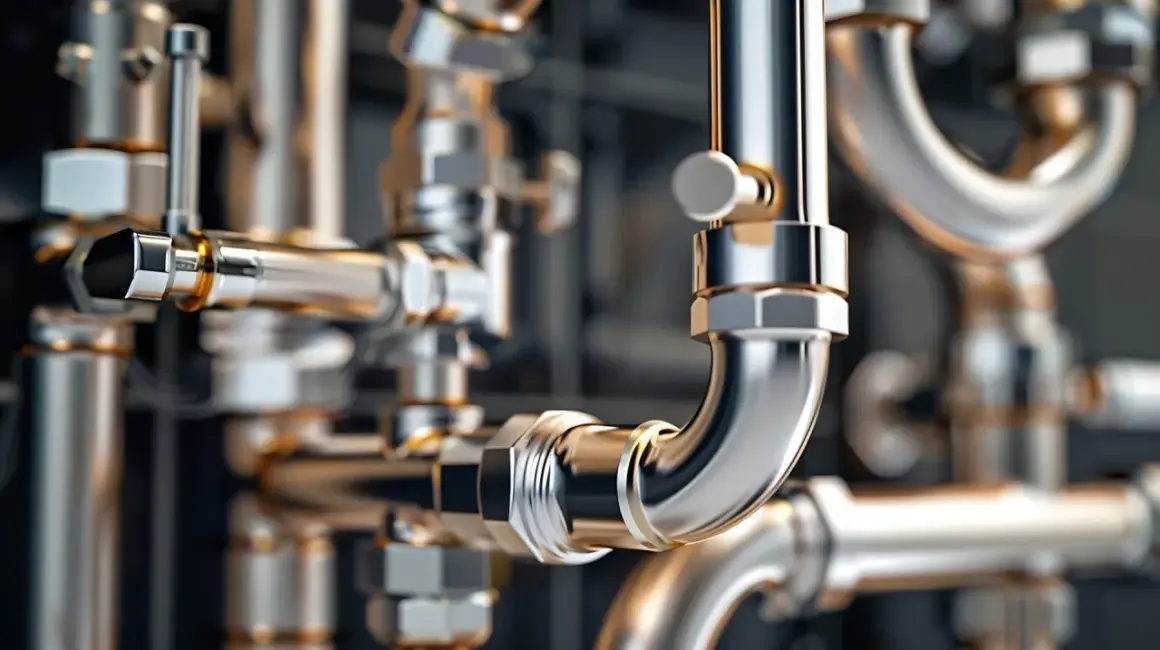 Błyszczące, metalowe rury i złączki, tworzące skomplikowaną sieć. Widoczne są detale łączenie rur pex, sugerujące instalację hydrauliczną.