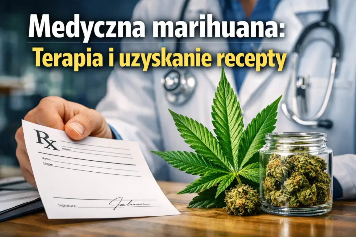Lekarz podaje receptę, obok liść i słoik z medyczną marihuaną.