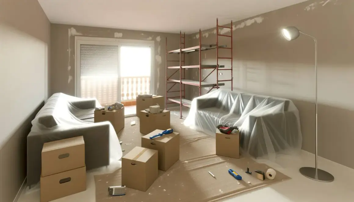 Salón en obras, muebles cubiertos, cajas y andamio. Preparando la indemnización por obras en piso de alquiler.