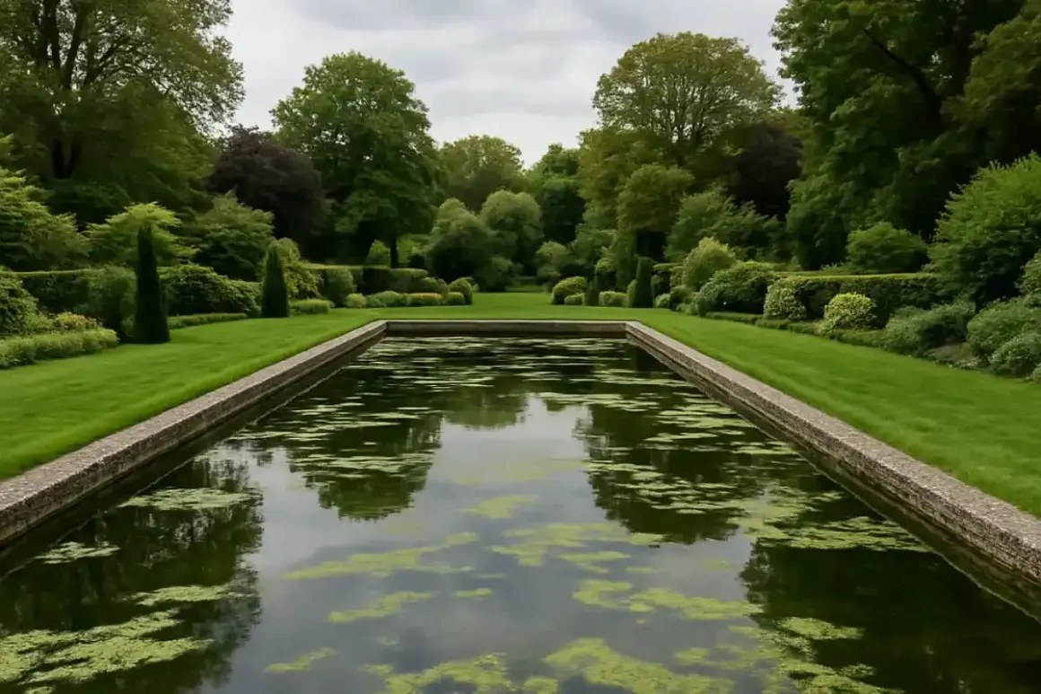 Un étang de jardin avec des algues filamenteuses, une solution naturelle comme le bicarbonate de soude pourrait aider.