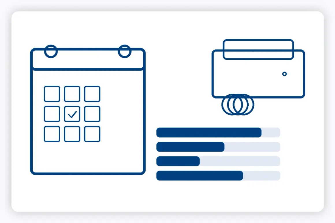 Kalender mit Häkchen, Geldbörse und Fortschrittsbalken. Diese Elemente symbolisieren niedrigschwellige Angebote, die leicht zugänglich und verständlich sind.