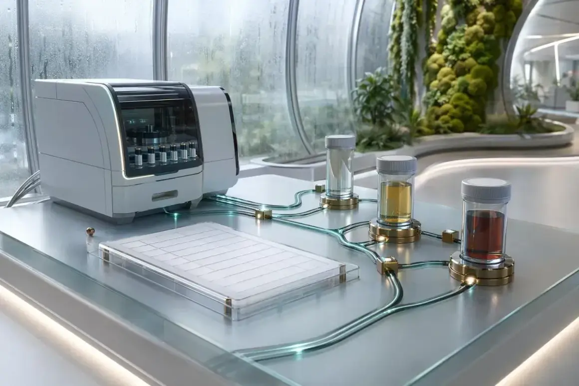 Nowoczesny analizator laboratoryjny z probówkami i płytką do hodowli komórkowych. W tle zielona ściana roślin. Badania nad ki 67.