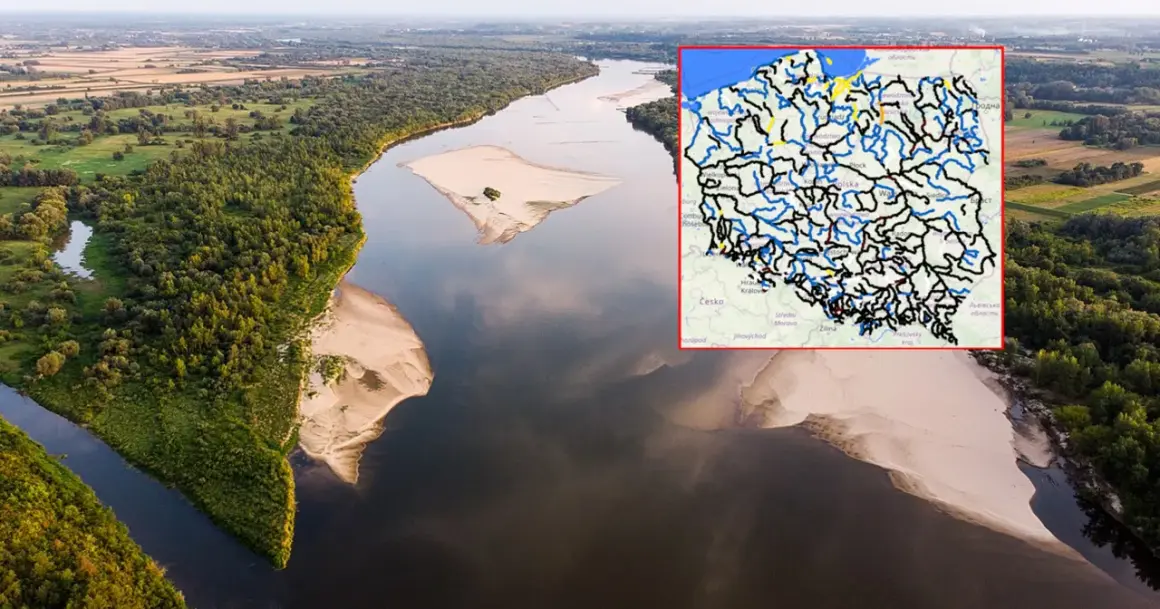 Szeroka rzeka z piaszczystymi brzegami i mapą Polski z zaznaczonymi rzekami, ilustrująca problem suszy w Polsce.