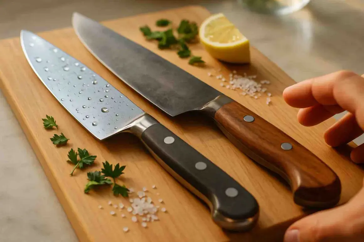 Dos cuchillos de cocina de alta calidad, uno con gotas de agua, sobre una tabla de madera. El acero sueco brilla, listo para preparar ingredientes frescos.