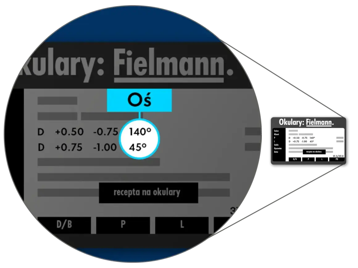 Dane z recepty na okulary Fielmann, wskazujące na zaburzenia refrakcji i akomodacji: D +0.50 -0.75 140°, D +0.75 -1.00 45°.