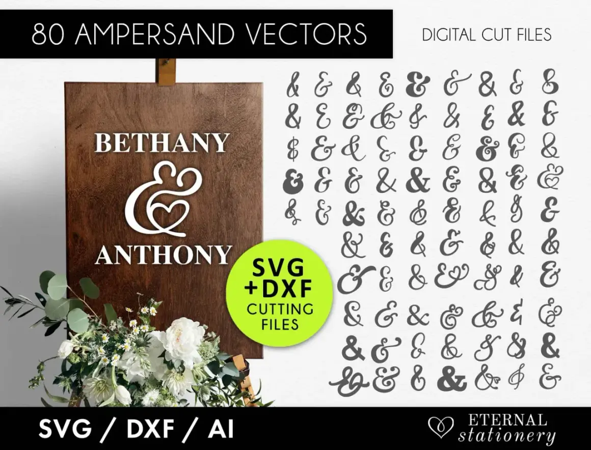 Panneau en bois avec "Bethany & Anthony", entouré de fleurs. À droite, 80 vecteurs d'esperluettes variés.