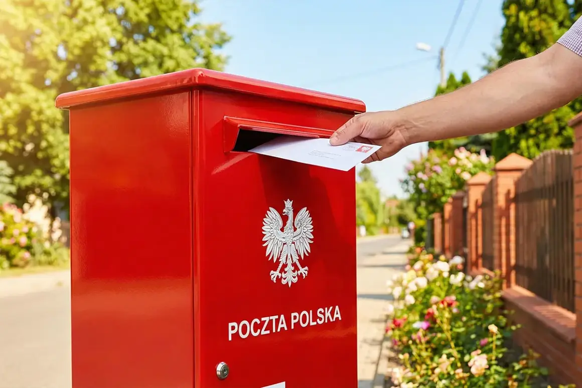 Mężczyzna wrzuca list do czerwonej skrzynki Poczty Polskiej. Kto to? Nadawca, który wysyła wiadomość.