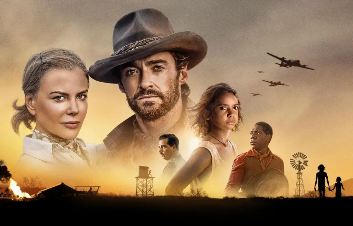 Nicole Kidman och Hugh Jackman i en episk berättelse om australiska filmer. En ung flicka och en man står vid en väderkvarn.