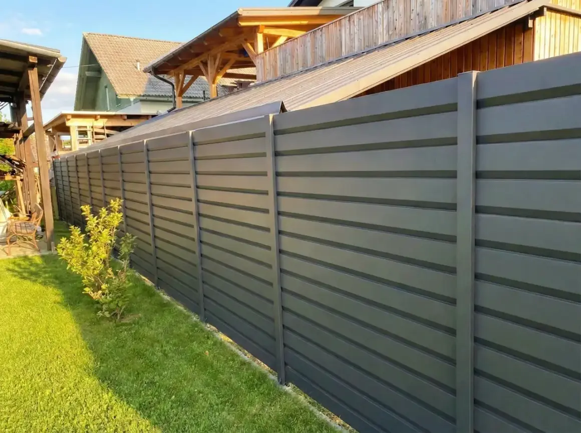 Moderna recinzione esterna grigia a listelli orizzontali, un'ottima idea per delimitare il giardino con stile e privacy.