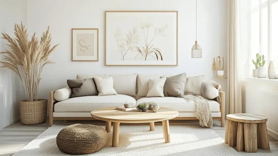 Helle, skandinavische Wandfarbe im Wohnzimmer, kombiniert mit einem beigen Sofa, Naturmaterialien und Pflanzen für eine gemütliche Atmosphäre.