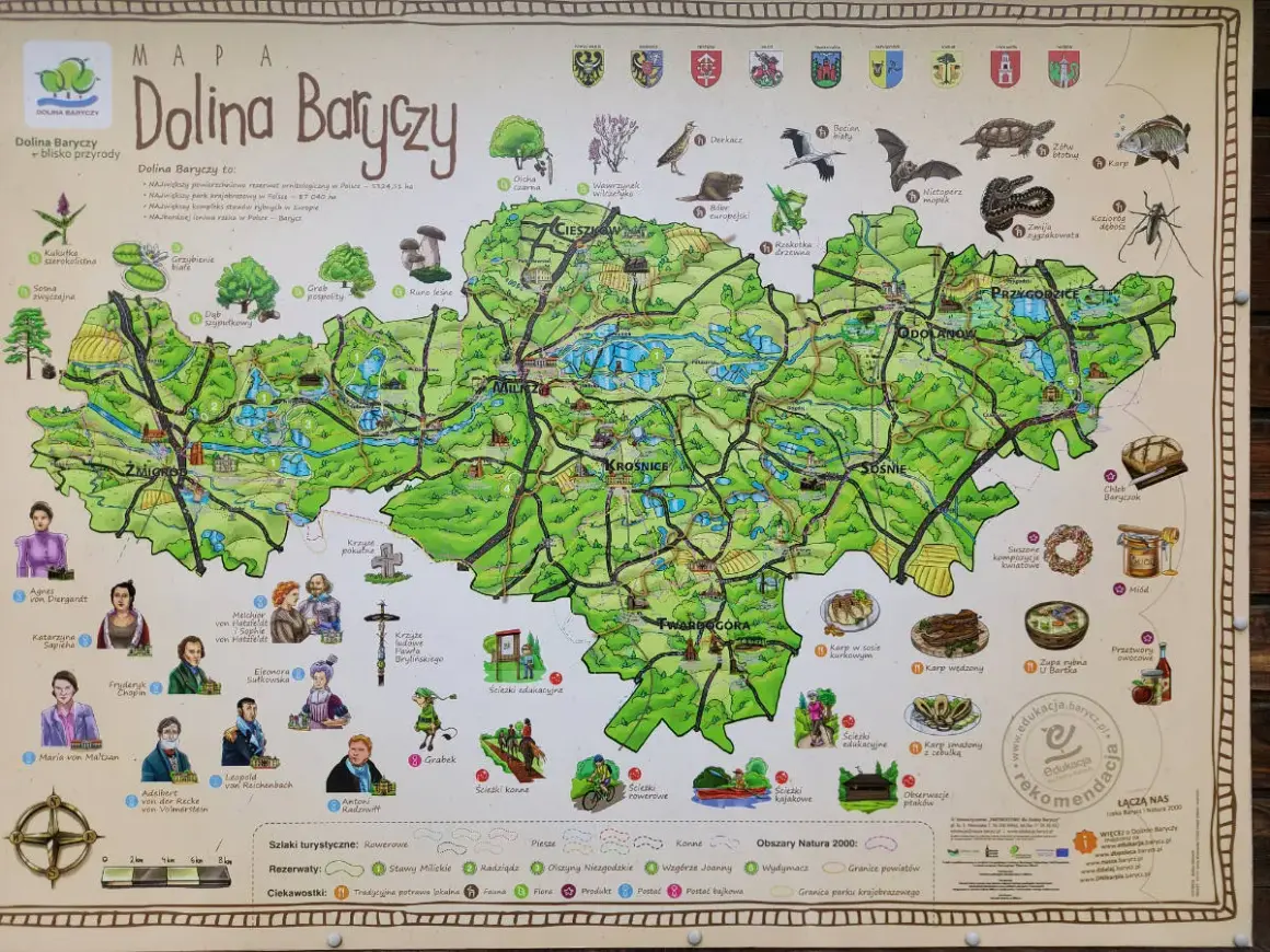 Mapa **parku krajobrazowego Dolina Baryczy** z zaznaczonymi atrakcjami przyrodniczymi, historycznymi i kulturalnymi.