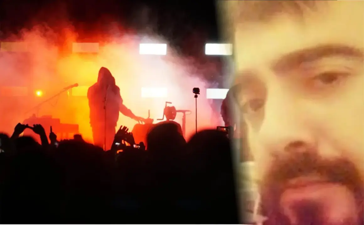 Gennaro Nocerino liberato sul palco, tra fumo e luci arancioni, con il volto sovrapposto.