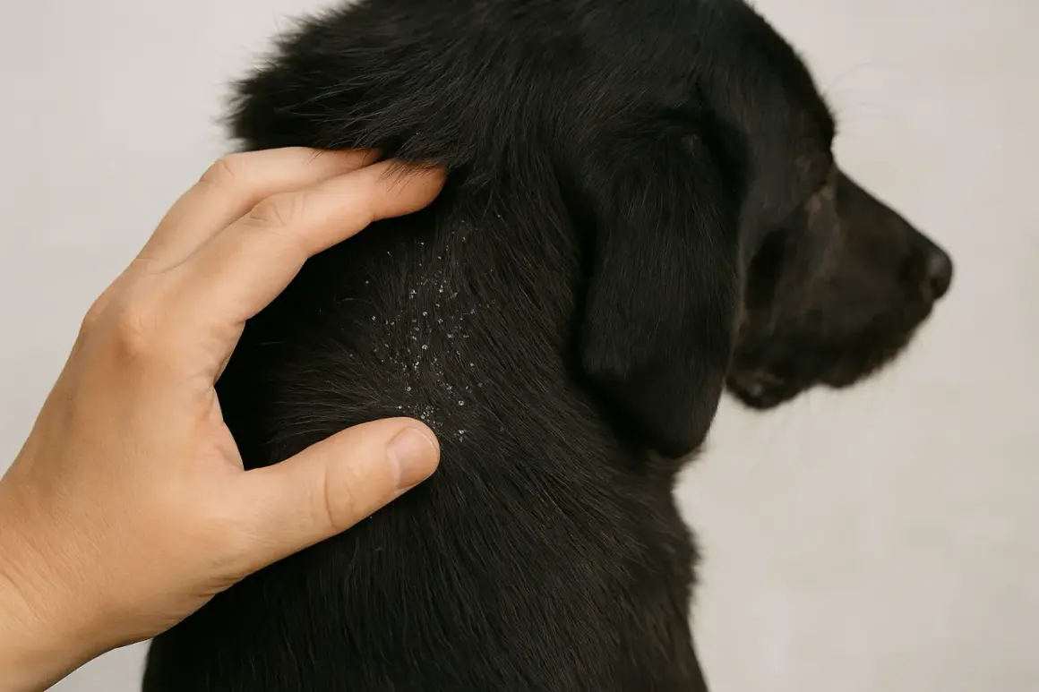 Una mano acaricia el pelaje negro de un perro, revelando escamas blancas de caspa en su piel.