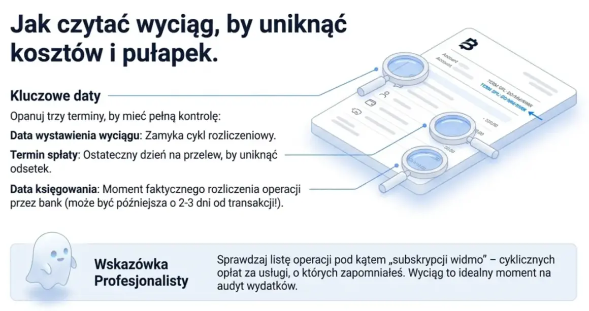 Wyciąg z karty kredytowej z lupami analizującymi kluczowe daty i transakcje. Dowiedz się, jak czytać wyciąg, by uniknąć kosztów.