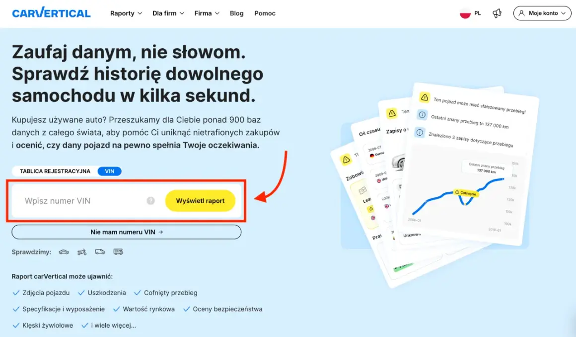 Kupujesz auto? Sprawdź historię pojazdu po VIN, by wiedzieć, o co pytać przy zakupie auta. Raport ujawni cofnięty przebieg i inne wady.