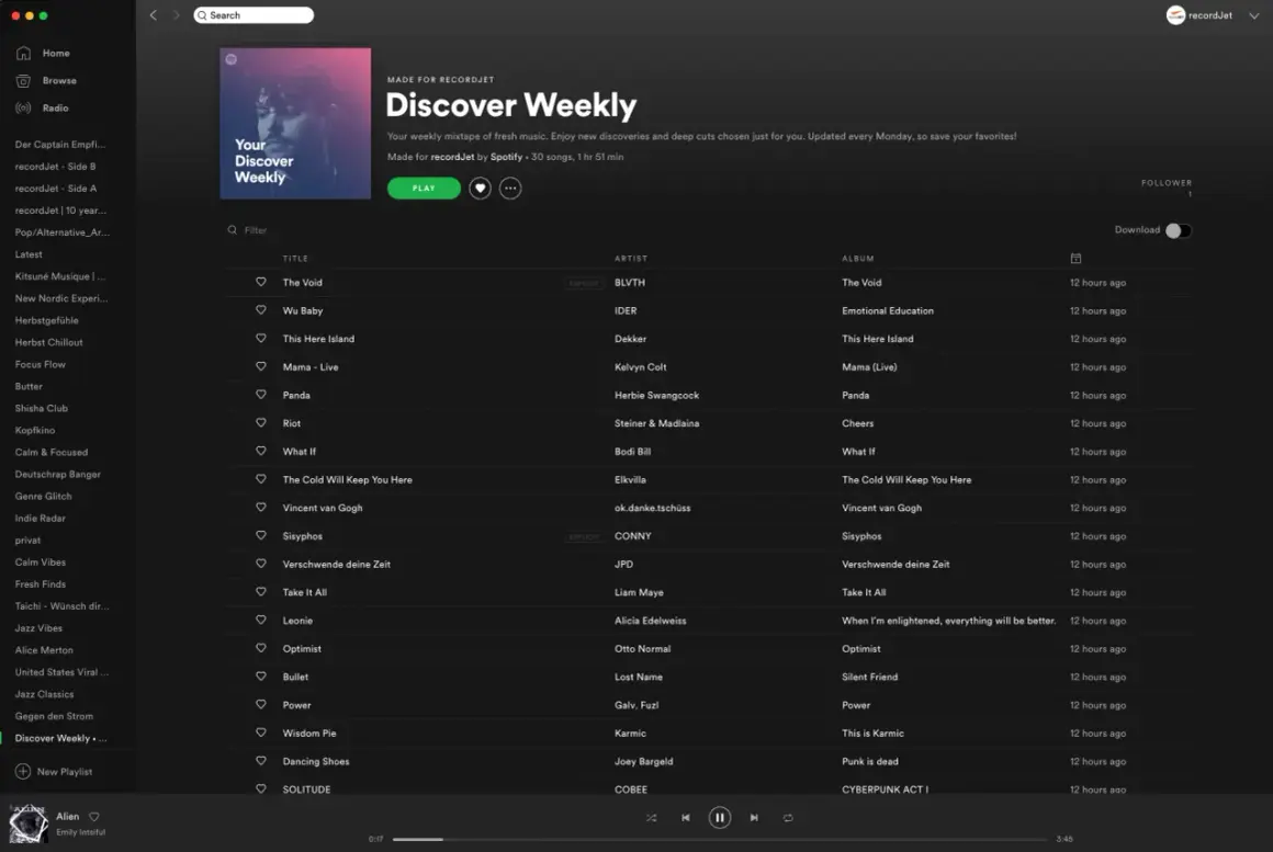 Spotify-Playlist "Discover Weekly" mit heroischer Musik, die neue Entdeckungen und tiefe Schnitte bietet.