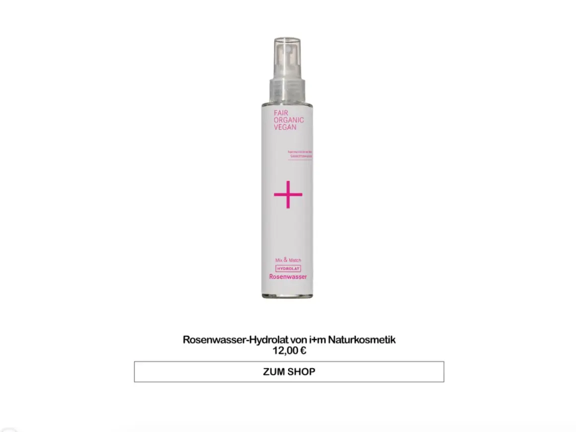 Flasche mit Rosenwasser-Hydrolat, eine natürliche Alternative für die Hautpflege. Fair, Bio, Vegan.
