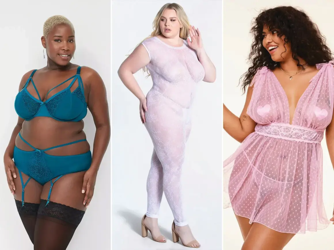 Trzy kobiety plus size w seksownej bieliźnie: turkusowy komplet, biały body i różowa koszulka.