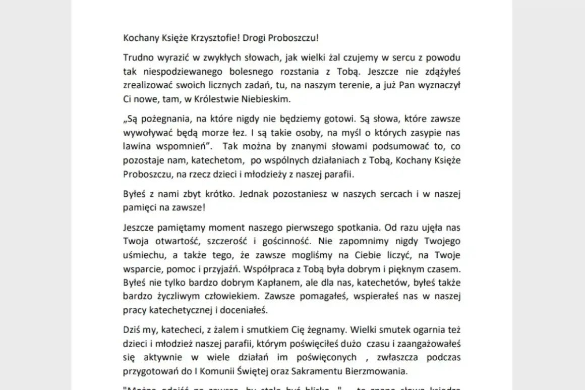 Wzór pożegnania zmarłego czytane przez księdza. List wyraża żal po odejściu proboszcza, wspominając jego dobroć i zaangażowanie w pracę z dziećmi i młodzieżą.