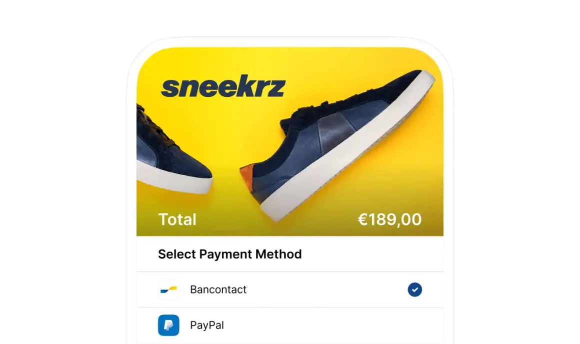 Ekran płatności za buty Sneekrz. Wybierz metodę płatności: Bancontact (zaznaczone) lub PayPal.