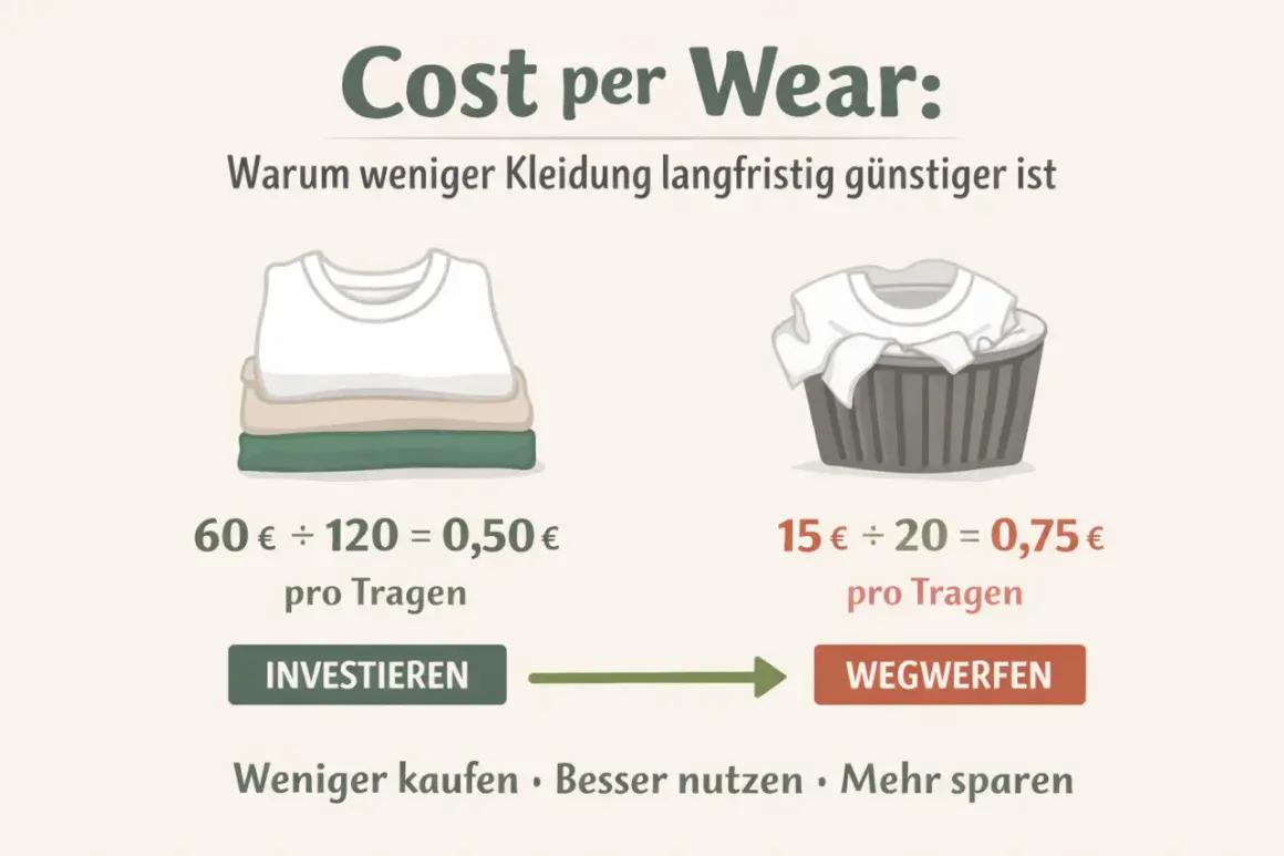 Cost per Wear": Stapel Kleidung (60€/120 Tragen = 0,50€) vs. Wäschekorb (15€/20 Tragen = 0,75€). Investieren lohnt sich!
