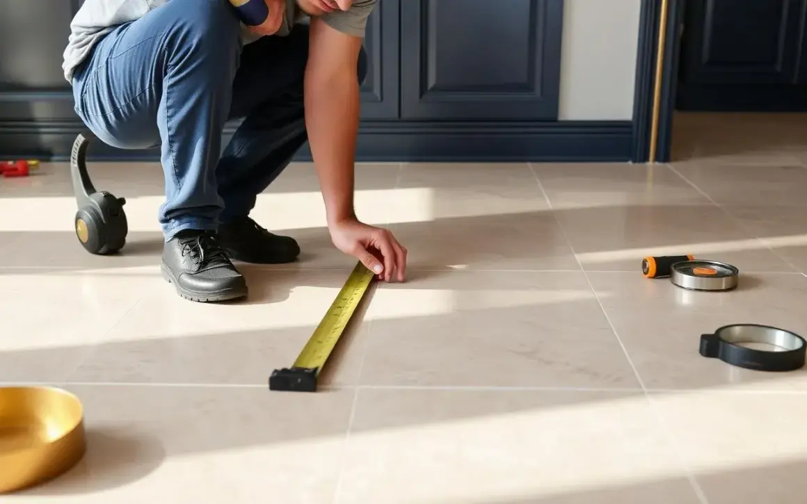 Un homme mesure le sol en carrelage clair, prêt pour le sechage carrelage. Des outils sont posés à proximité.