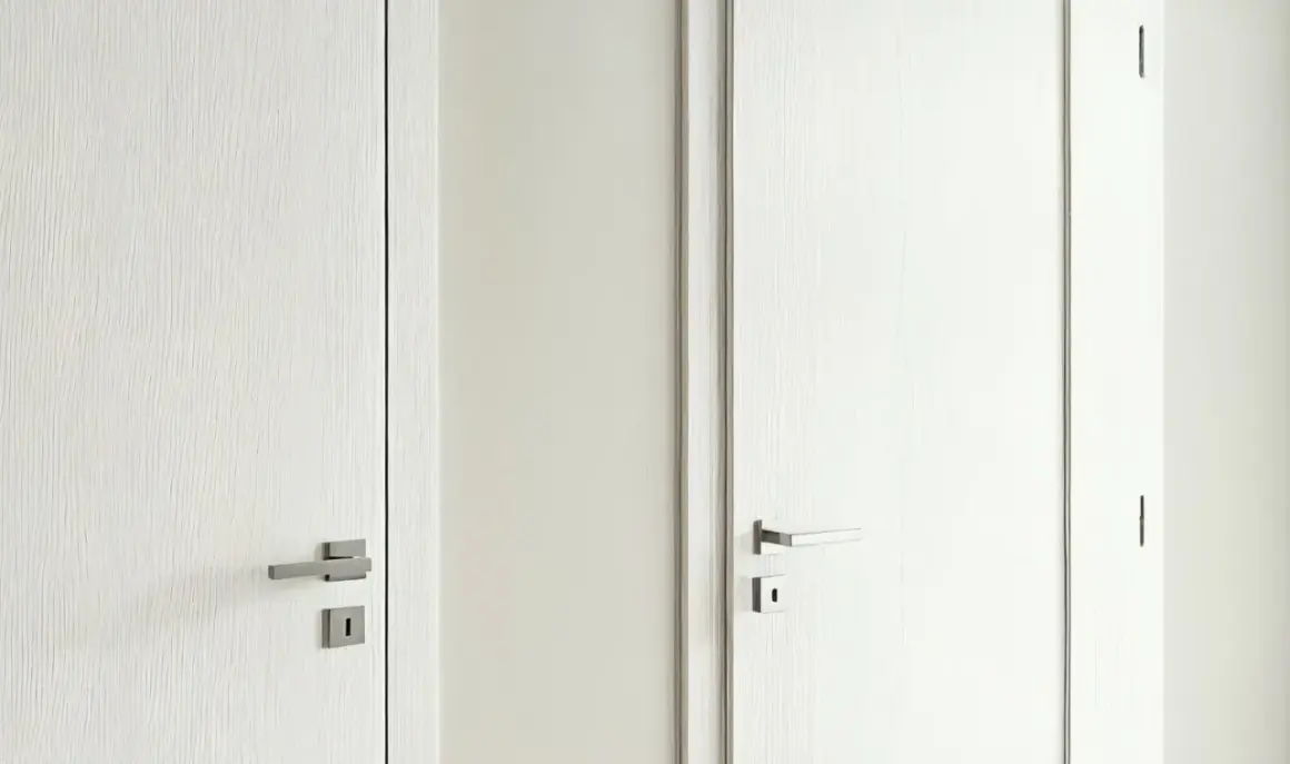 Dwie białe drzwi: jedna z widocznym frezem (przylgowe), druga gładka (bezprzylgowe). Eleganckie uchwyty.