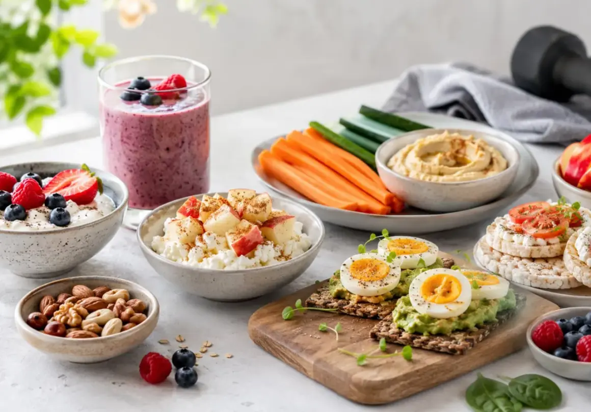 En härlig buffé med proteinrika mellanmål: smoothie, kvarg med bär, äggmackor, nötter och grönsaksstavar med hummus.