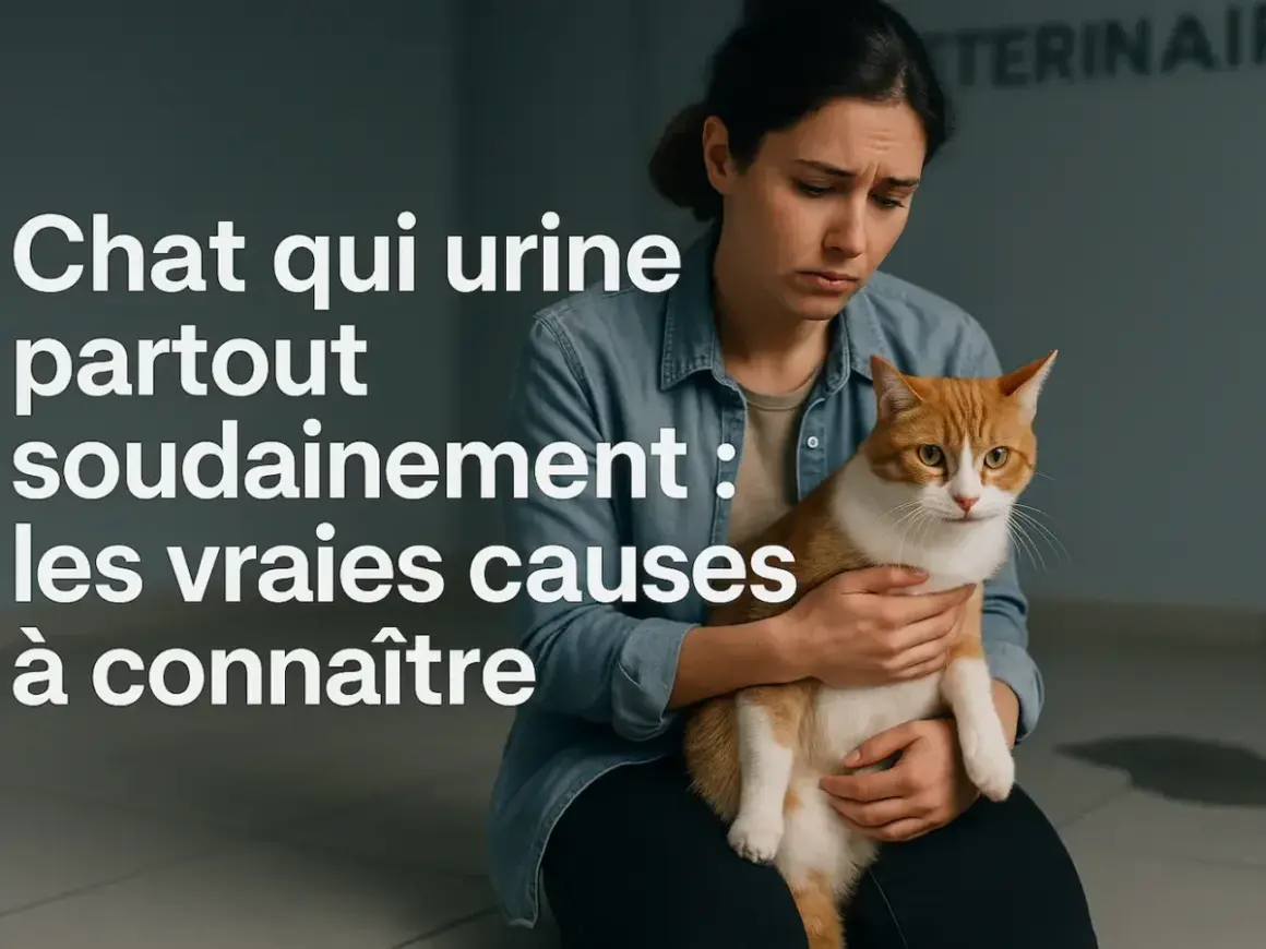Une femme inquiète tient son chat roux et blanc. Le texte indique "Chat qui urine partout soudainement : les vraies causes à connaître". Mon chat urine beaucoup dans sa litière, est-ce un problème ?